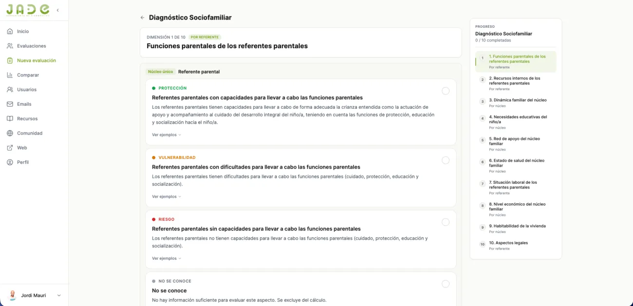 Asistente de evaluación de JADE, dimensión a dimensión